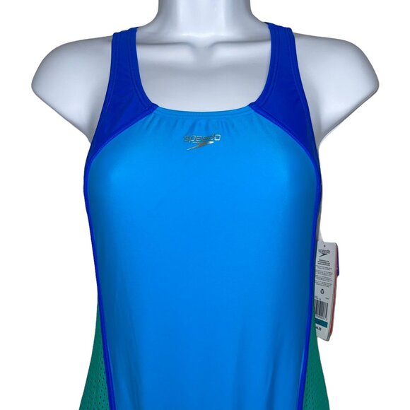 NWT Speedo No Wedgie Worries One Piece Swimsuit Youth 16 Girls Lined Patchwork - Picture 2 of 9